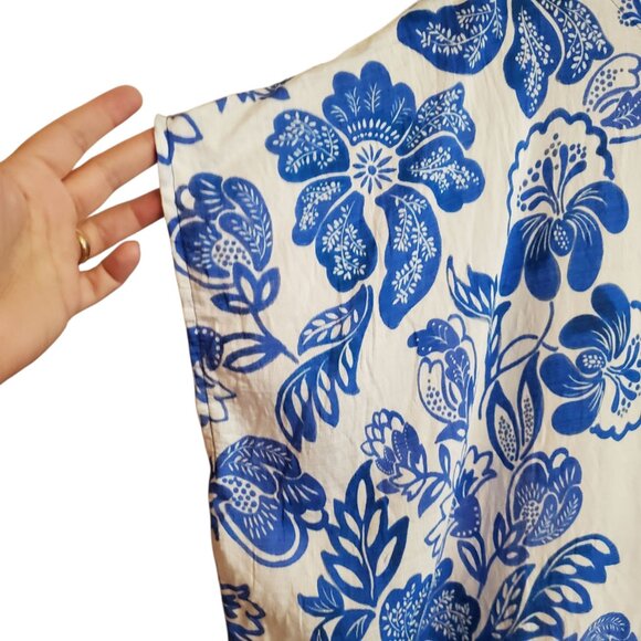 Umgee Floral Border Pattern Round Neck Short Sleeves Oversized Blouse Blue  L - Picture 4 of 14